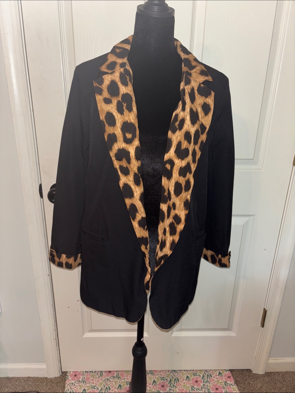 Black Jacket with Leopard Trim - Women's Blazer Small
